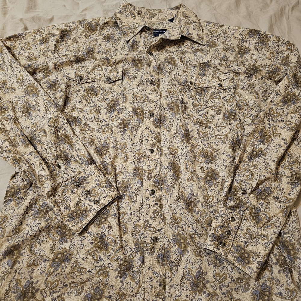 Roper Men's Large Long Sleeve Pearl Snap Western Wear Tan Paisley Rodeo Cotton